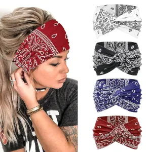 AKTVSHOW Headbands for Women Knotted Headband Elastic Head Bands Women's Hair Band Non-Slip Turban Printed Stylish Sport Sweat Hair Wrap for Girls Cute Hair Accessories 4PCS (Multicolor-A 7'' Wide)