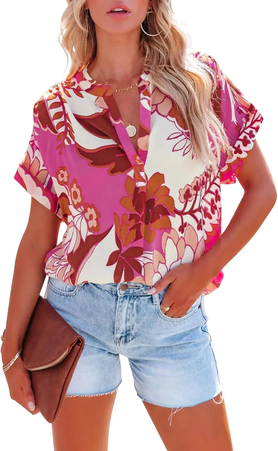 ANCAPELION Womens Summer Chiffon Blouse Casual Short Sleeve V Neck Shirt Loose Printed Cuffed Sleeve Tunic Tops for Women