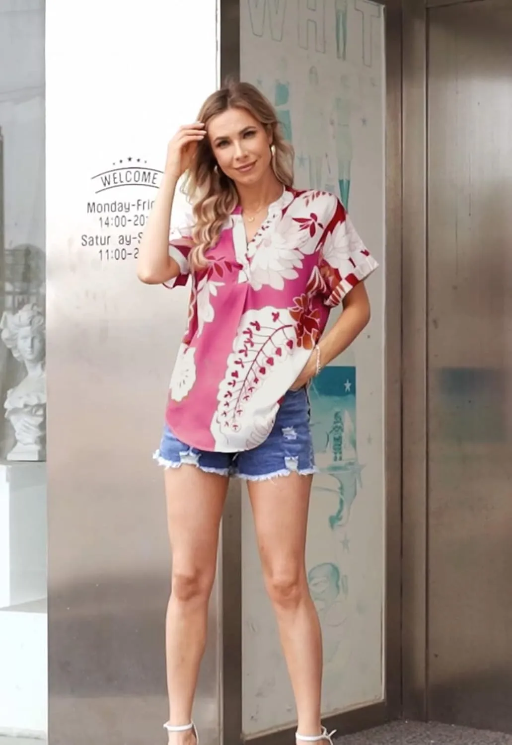 ANCAPELION Womens Summer Chiffon Blouse Casual Short Sleeve V Neck Shirt Loose Printed Cuffed Sleeve Tunic Tops for Women
