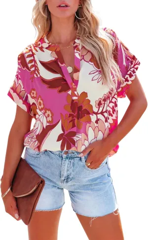 ANCAPELION Womens Summer Chiffon Blouse Casual Short Sleeve V Neck Shirt Loose Printed Cuffed Sleeve Tunic Tops for Women