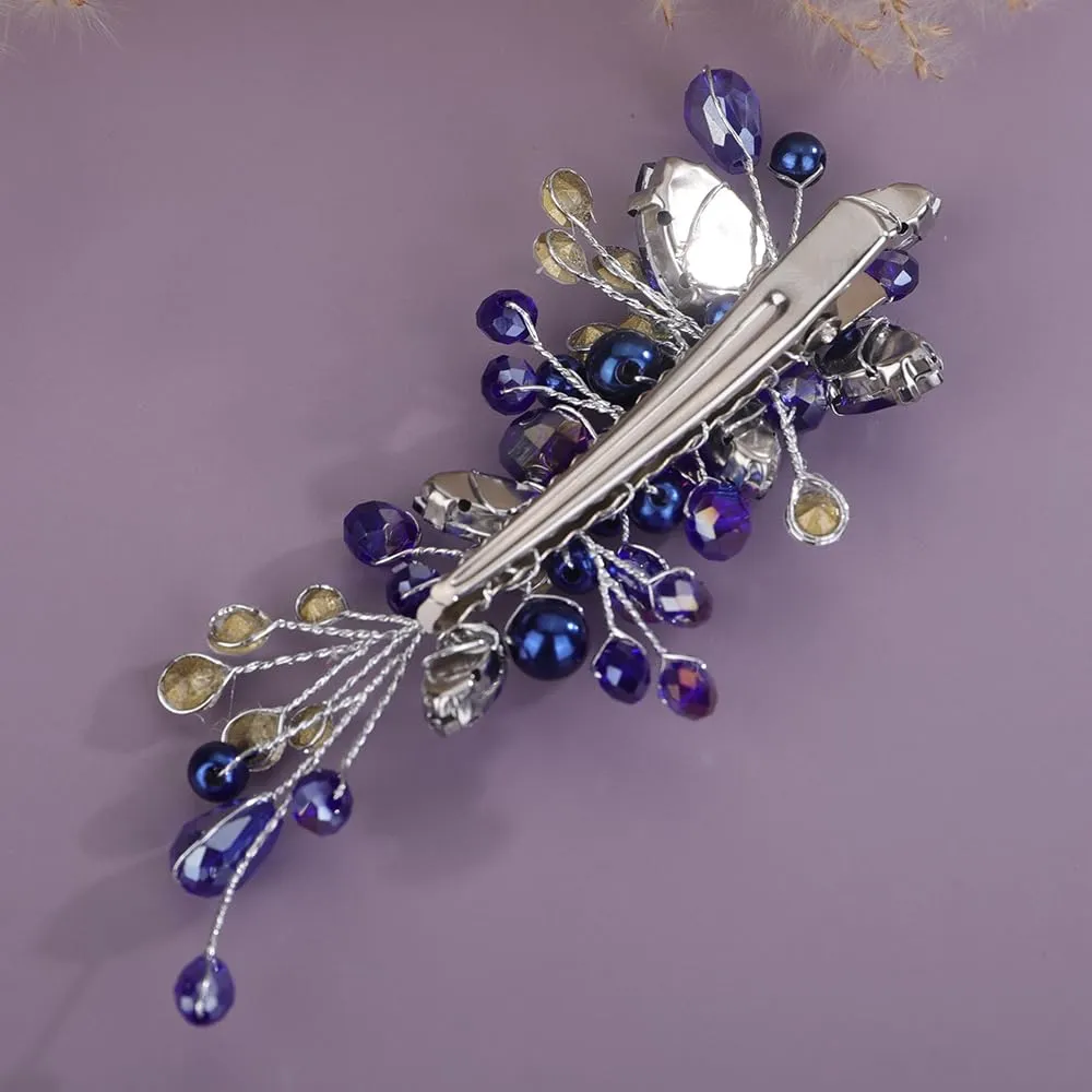 Blue Rhinestones Hair Clip Side Headpiece for Women Handmade Hair Jewelry Wedding Brides (Blue)