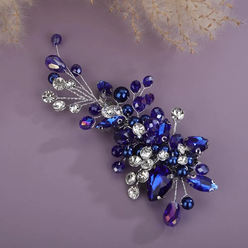 Blue Rhinestones Hair Clip Side Headpiece for Women Handmade Hair Jewelry Wedding Brides (Blue)