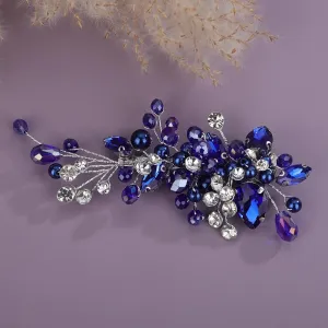 Blue Rhinestones Hair Clip Side Headpiece for Women Handmade Hair Jewelry Wedding Brides (Blue)