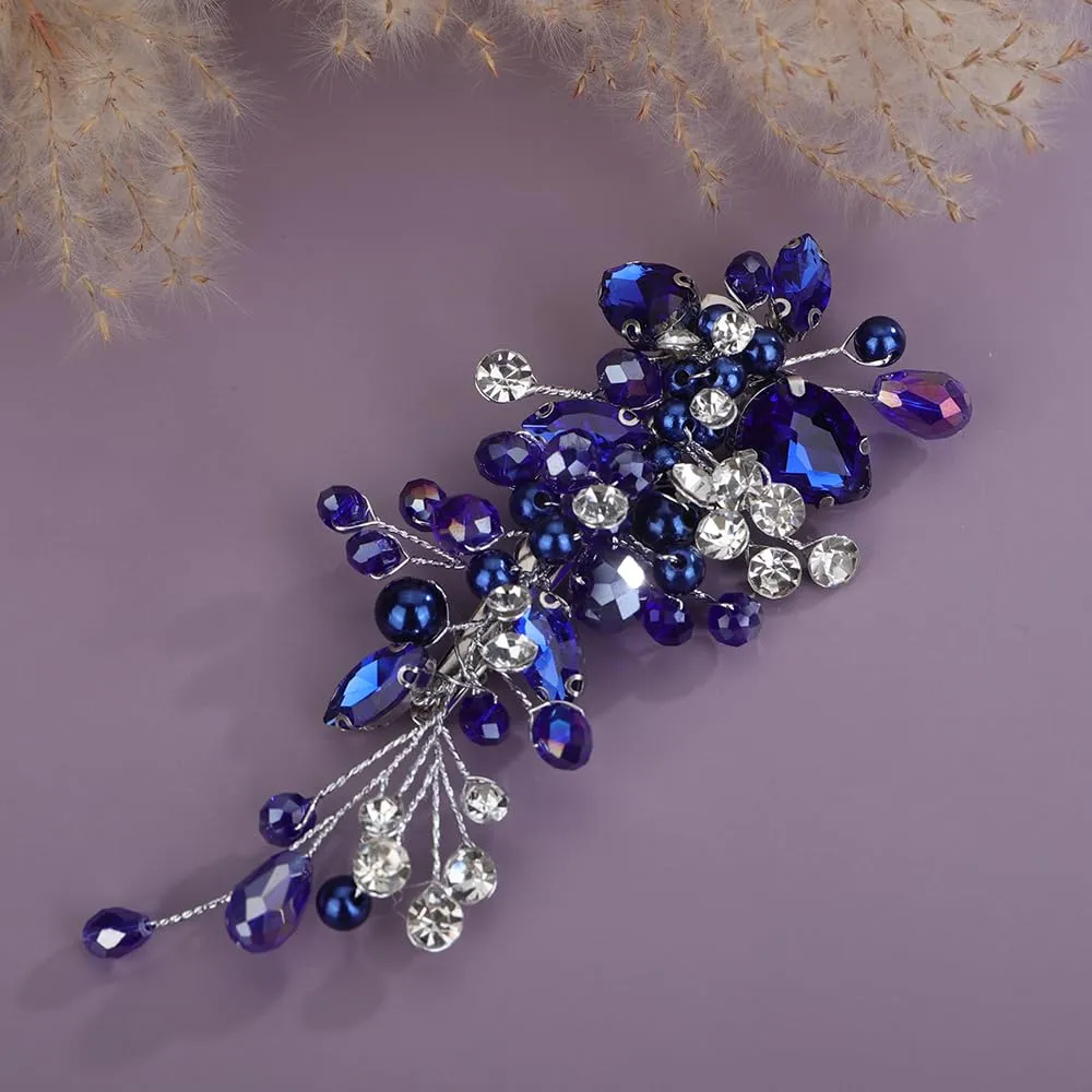 Blue Rhinestones Hair Clip Side Headpiece for Women Handmade Hair Jewelry Wedding Brides (Blue)