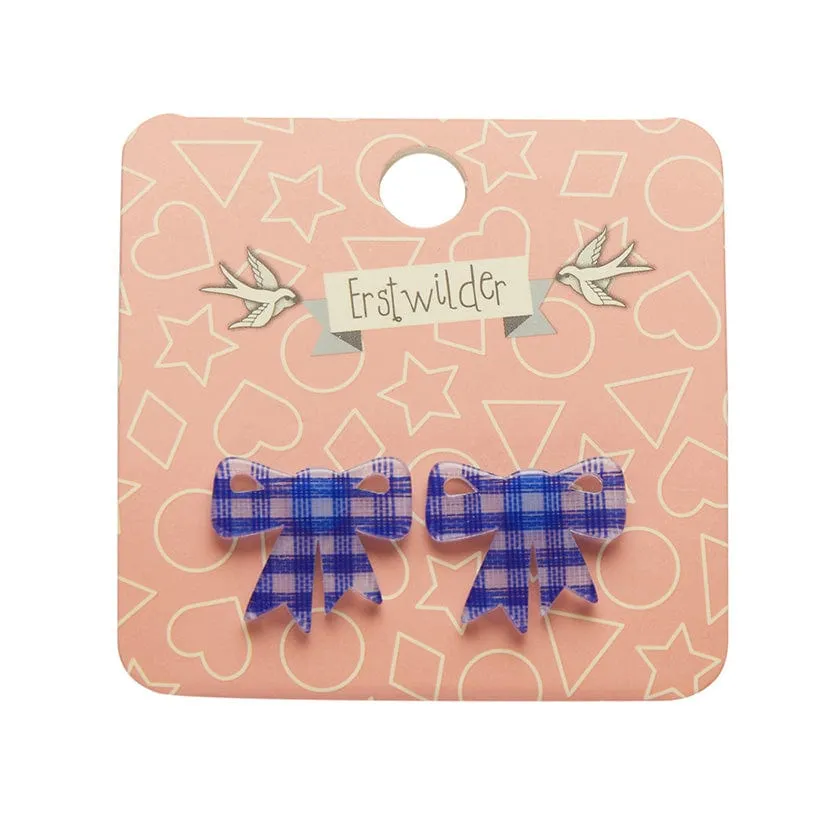 Bow Gingham Resin Stud Earrings - Blue