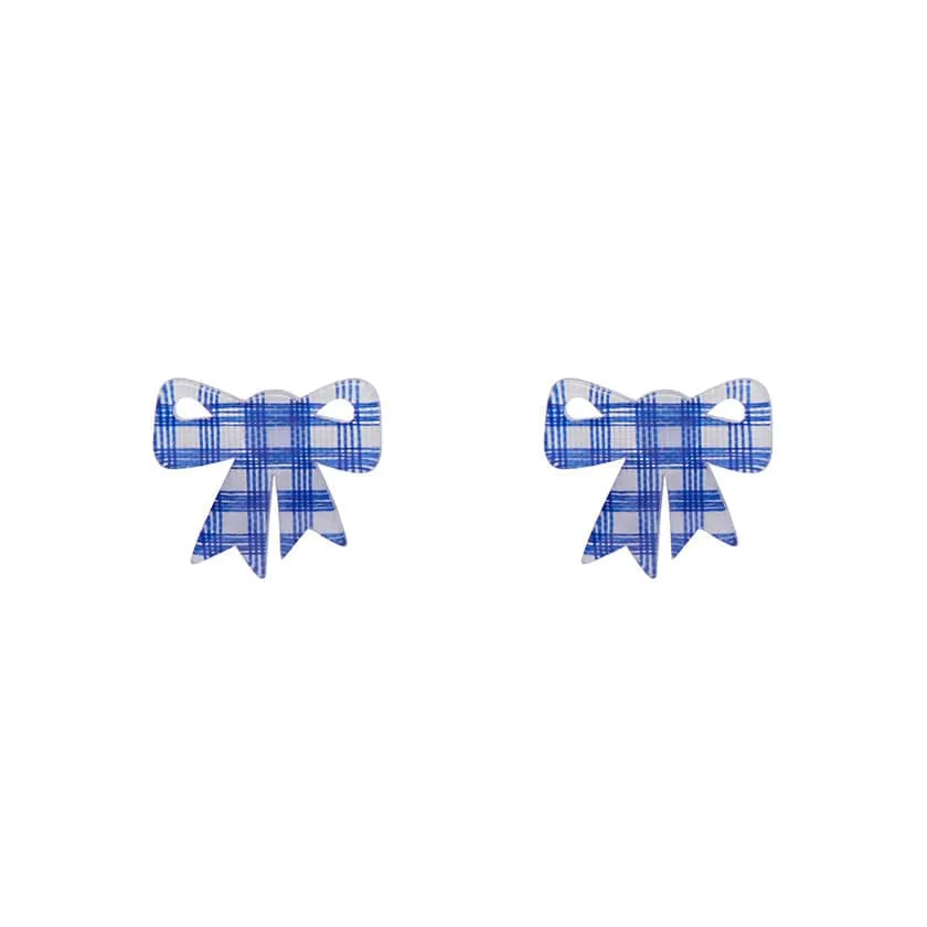 Bow Gingham Resin Stud Earrings - Blue