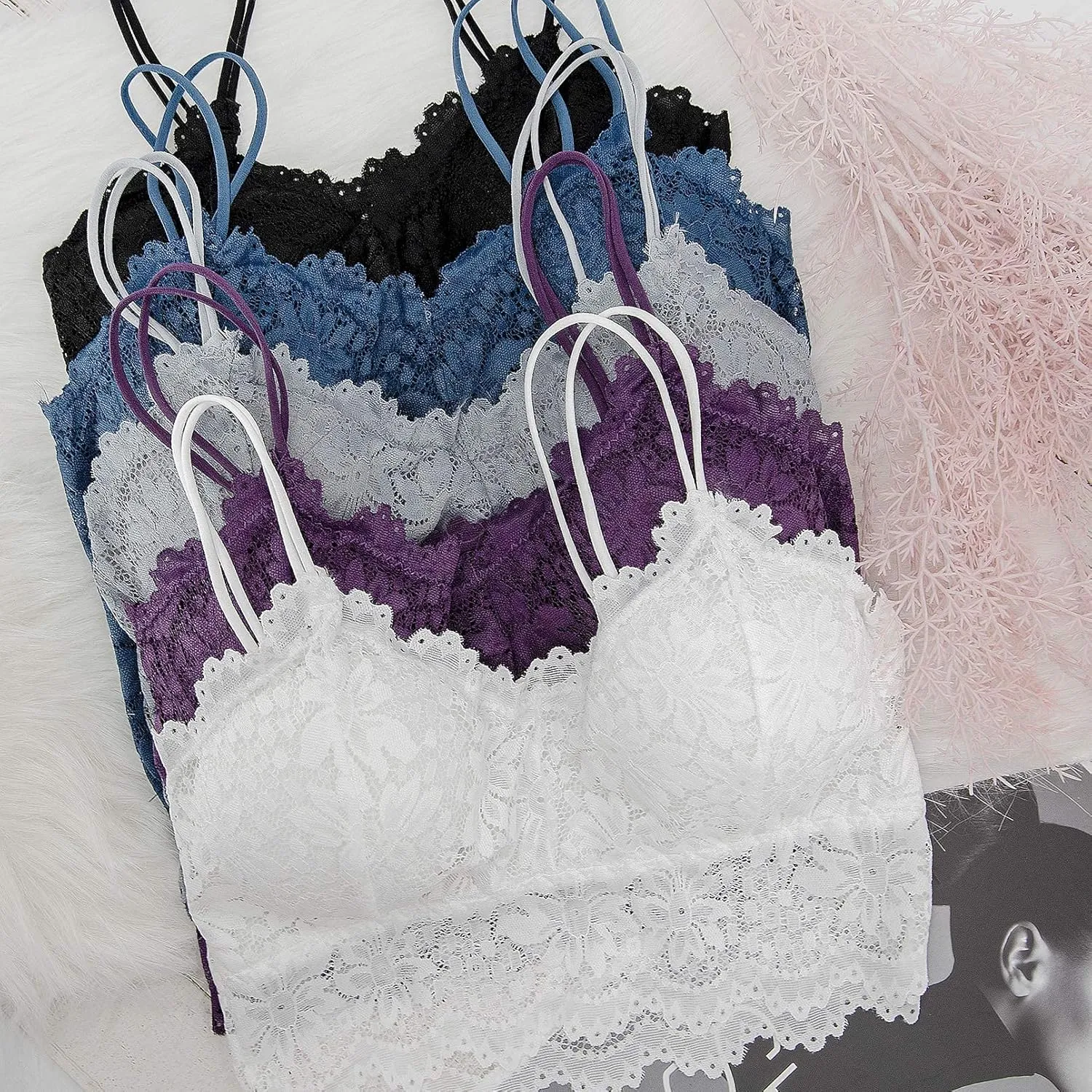 Duufin 5 Pcs Lace Bralettes for Women Bralette Padded Lace Bandeau Bra