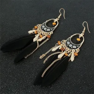 Faux Feather Earrings Bohemian Handmade Colorful Long Feather Wood Bead Vintage Tassel Drop Dangle Earrings with Dream Catcher Design for Women