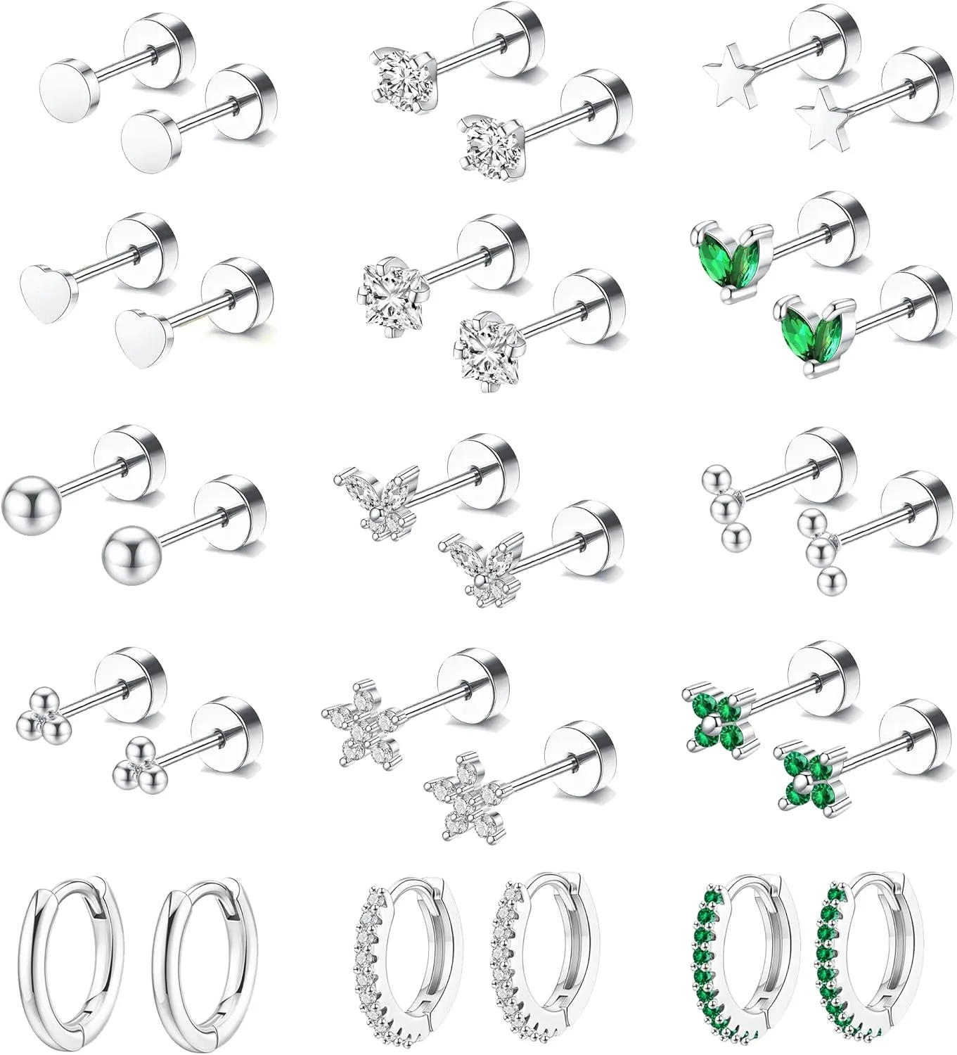 Hypoallergenic Surgical Steel Earrings for Sensitive Ears 14K Gold Flat Back Earrings for Women Men Small Stainless Steel Earrings Flatback Stud Hoop Cartilage Earring Set for Multiple Piercing