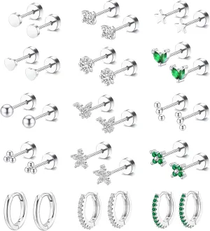 Hypoallergenic Surgical Steel Earrings for Sensitive Ears 14K Gold Flat Back Earrings for Women Men Small Stainless Steel Earrings Flatback Stud Hoop Cartilage Earring Set for Multiple Piercing
