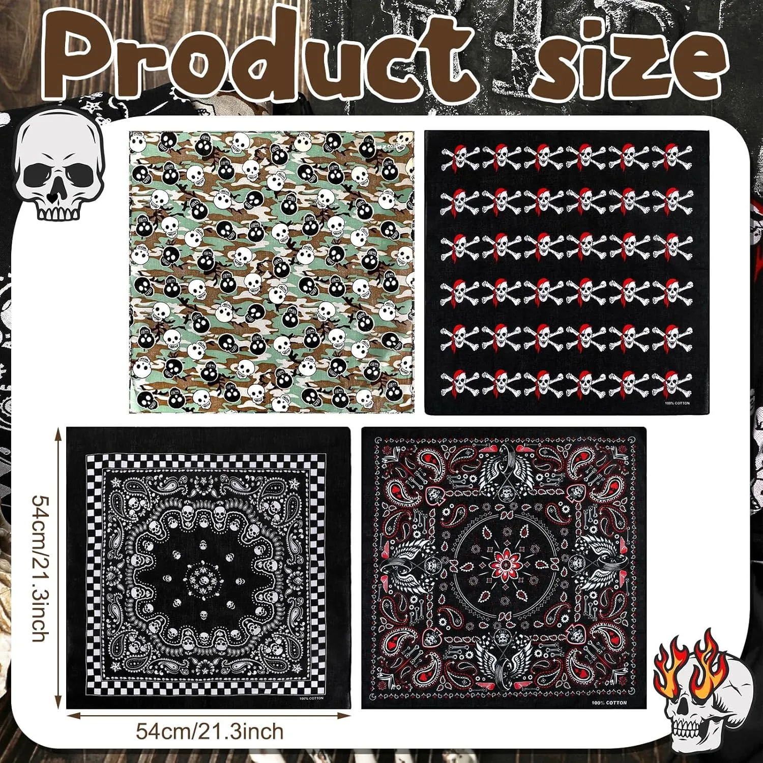 Jetec 4 Pcs Bandana for Men Cotton Squares Headwraps Pirate Skull Scarf Soft Lightweight Neckerchiefs Handkerchief
