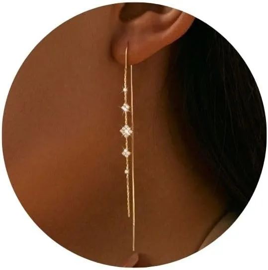 MBW Gold Threader Earrings for Women, 14K Dangle Long Chain Drop Earrings Dangling, Dainty Elegant Dangly Ear Chain with Tassel and Cubic Zirconia for Wedding Hoco Trendy Jewelry Accessories Gifts