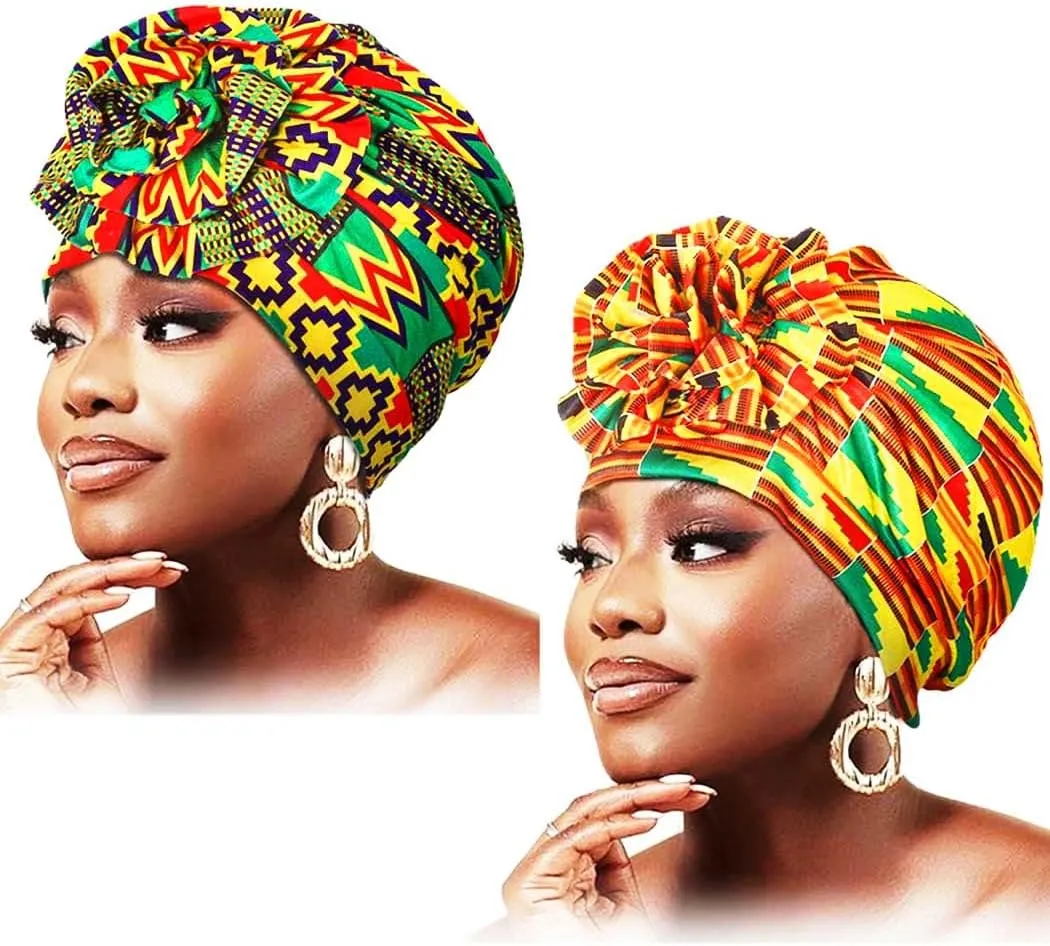 Woeoe Women African Turbans Green Printed Flower Beanie Cap Head Wraps Pre-Tied Pattern Head Cover Headwear(2 PCS)